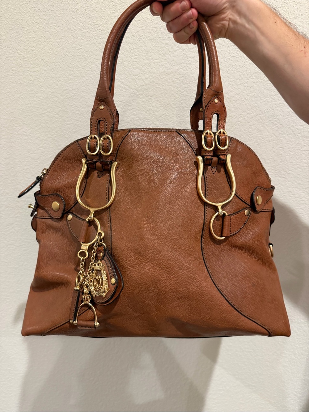 Leather Satchel Handbag in Brown with Gold Hardware